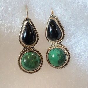 TAXCO Sterling Silver Black Onyx & Green Agate Drop Earrings